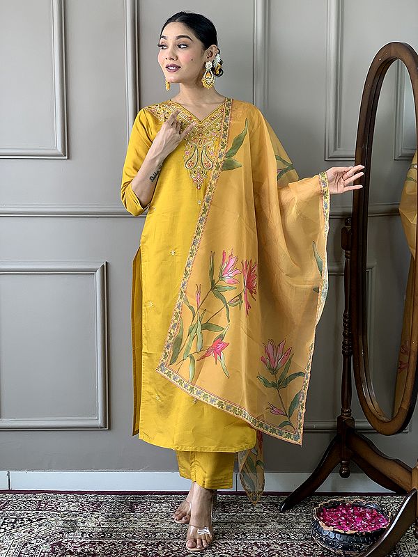 Light-Gold Viscose Chanderi Paisleys Motifs Embroidery Work Kurta Set With Floral Print Dupatta