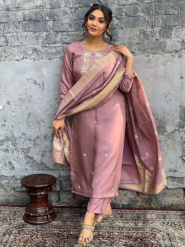 Faded-Pink Viscose Chanderi Embroidery Work Elegant Kurta Set With Matching Dupatta