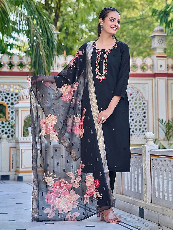 Black Chanderi Embroidery And Sequins Work Attractive Kurta Set With Floral Print Dupatta