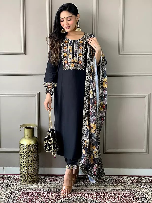 Black Viscose Chanderi Embroidery Work Stunning Festive Wear Kurta Set With Floral Print Dupatta