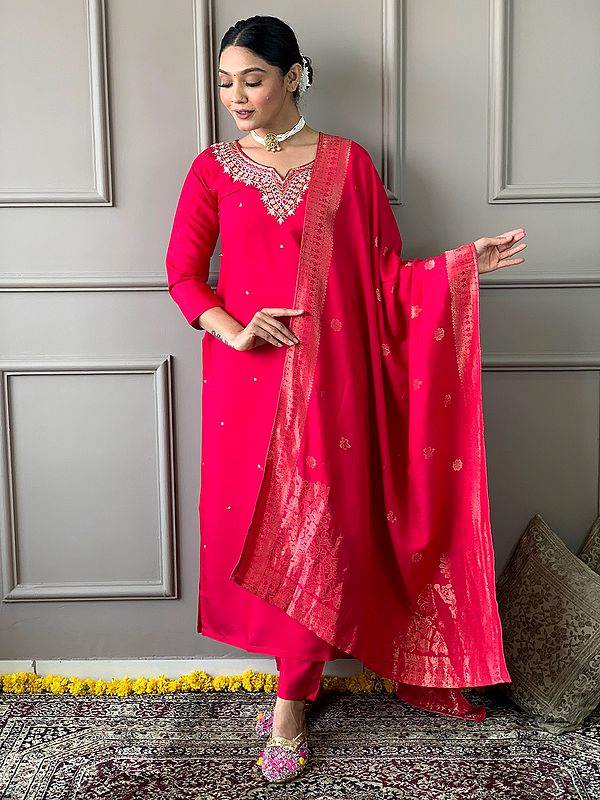 Pink-Red Viscose Chanderi Embroidery Work Attractive Festive Kurta Set With Matching Dupatta