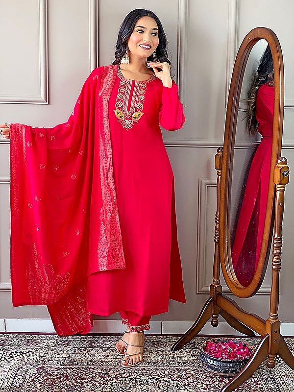 Pink-Red Embroidery Work Elegant Festive Wear Viscose Chanderi Kurta Set With Matching Dupatta