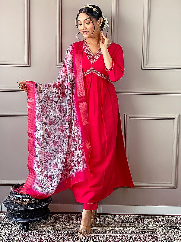 Pink-Red Anarkali Style Viscose Chanderi Elegant Wedding Wear Suit With Floral Print Dupatta