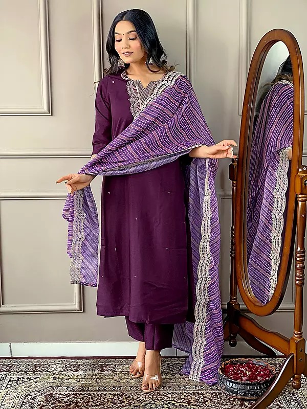 Wine-Berry Embroidery Work Stunning Party Wear Viscose Silk Kurta Set With Striped Dupatta