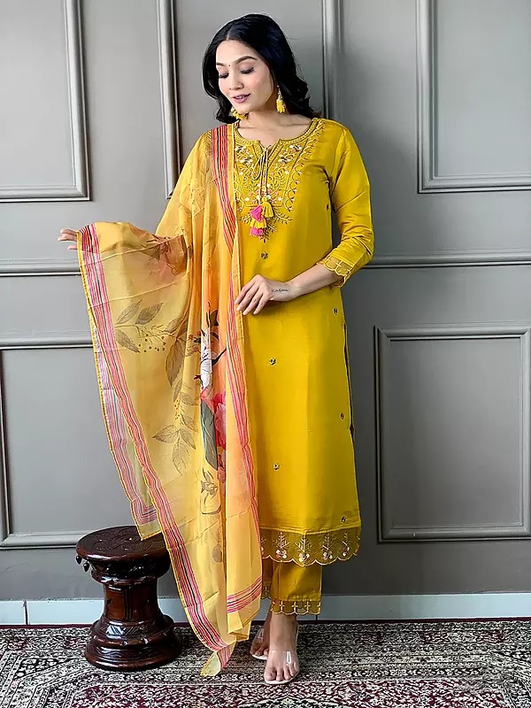 Golden-Brown Stunning Embroidery Work Viscose Kurta Set With Floral Print Dupatta