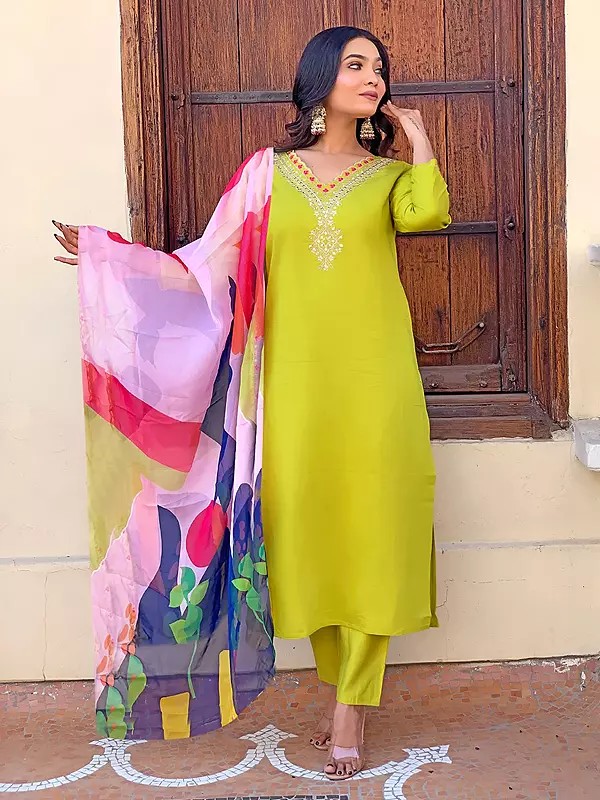 Chanderi Elegant Embroidery Work V-Neck Kurta Set With Multicolor Floral Dupatta