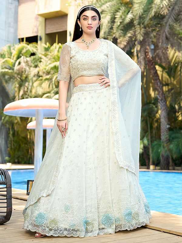 Pure Organza Zarkan And Sequins Work Elegant Lehenga Choli With Matching Dupatta
