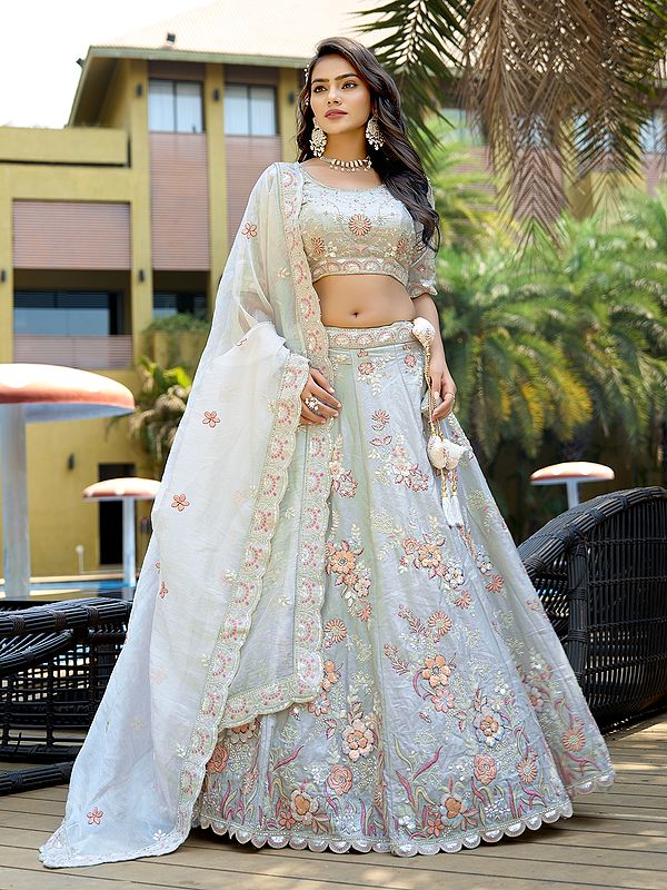 Floral Embroidery And Zarkan Work Pure Fendy Silk Lehenga Choli With Pure Organza Dupatta