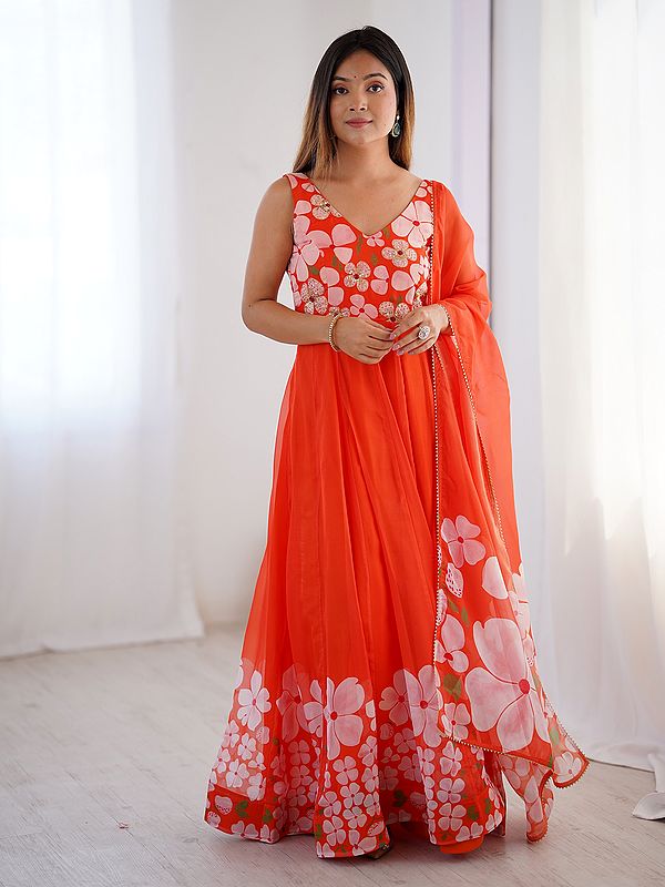 Floral Printed Sleeveless Elegant Organza Party Wear Gown With Matching Dupatta
