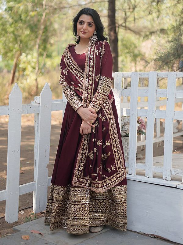 Stunning Georgette Sequins And Embroidery Work Party Wear Gown With Matching Dupatta