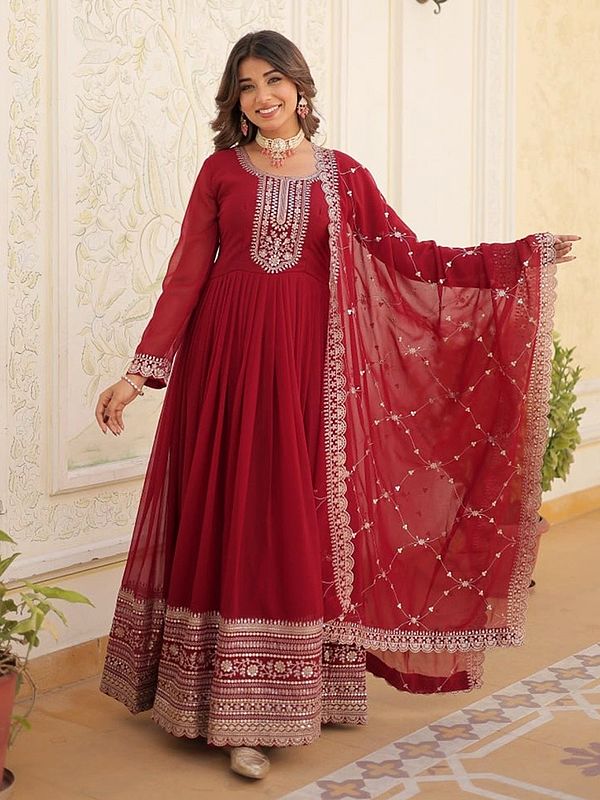 Attractive Flared Georgette Sequins Work Party Wear Gown With Matching Dupatta
