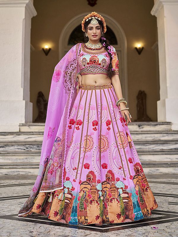 Art Silk Temple And Peacock Motifs Print Sequins Work Attractive Lehenga Choli With Dupatta