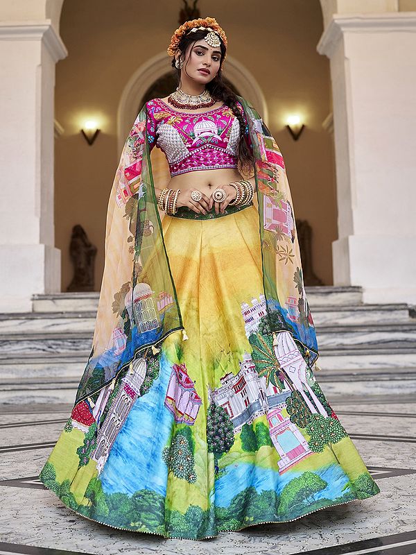 Multicolor Printed Elegant Art Silk Party Wear Lehenga Choli With Matching Organza Dupatta