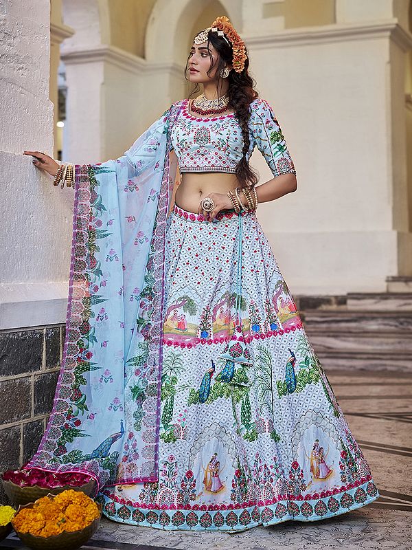 Elegant Royal Print And Sequins Work Art Silk Wedding Wear Lehenga Choli With Dupatta