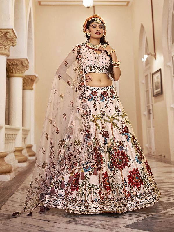 Stunning Tropical Floral Print And Sequins Work Art Silk Lehenga Choli With Dupatta