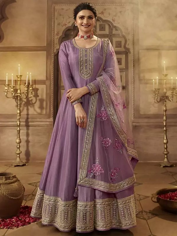 Silk Elegant Sequins And Embroidery Work Anarkali Gown With Floral Tassels Dupatta