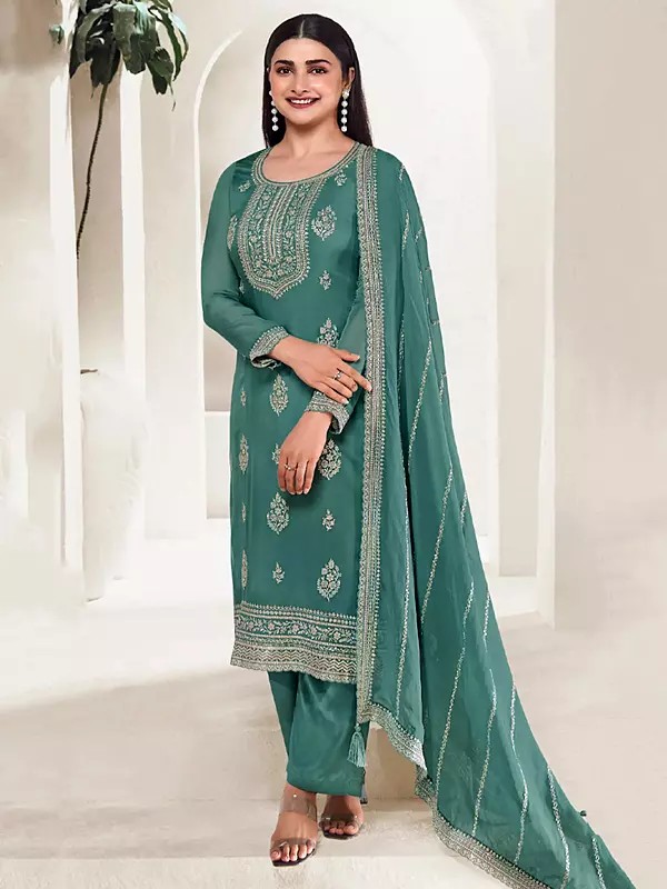 Fancy Sequins And Embroidery Work Organza Salwar Suit With Tassels Dupatta