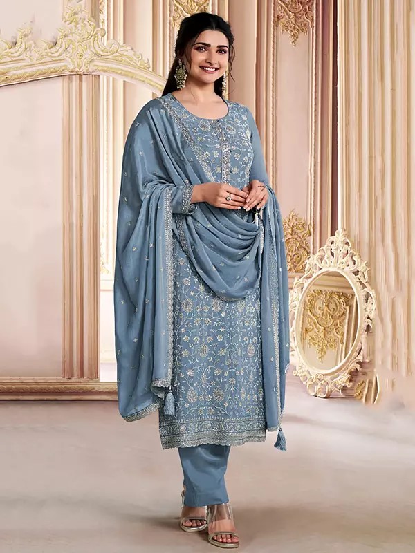 Chinon Silk All Over Sequins Work Attractive Festive Wear Salwar Suit With Tassels Dupatta