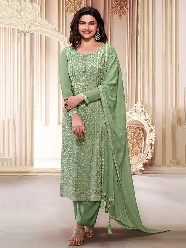 Attractive Chinon Silk Thread Embroidered And Sequins Work Salwar Suit With Dupatta