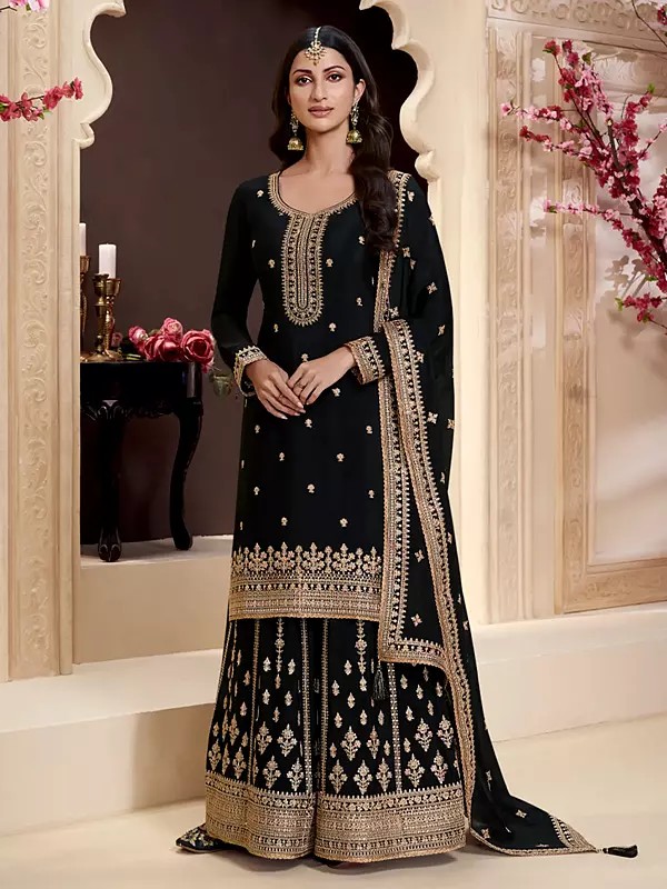 Designer Heavy Thread Embroidery And Sequins Work Chinon Palazzo Suit With Dupatta