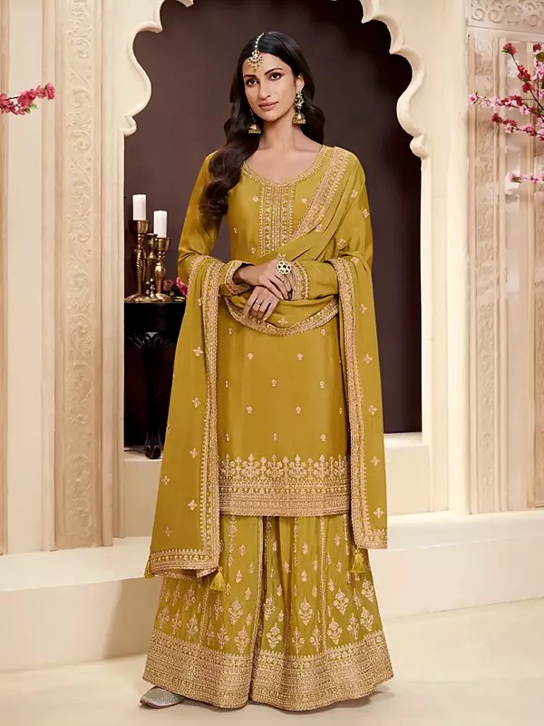 Designer Heavy Thread Embroidery And Sequins Work Chinon Palazzo Suit With Dupatta