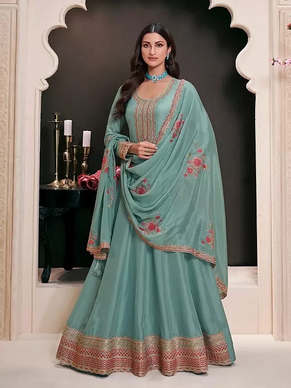 Elegant Thread And Sequins Work Silk Festive Wear Anarkali Suit With Matching Dupatta
