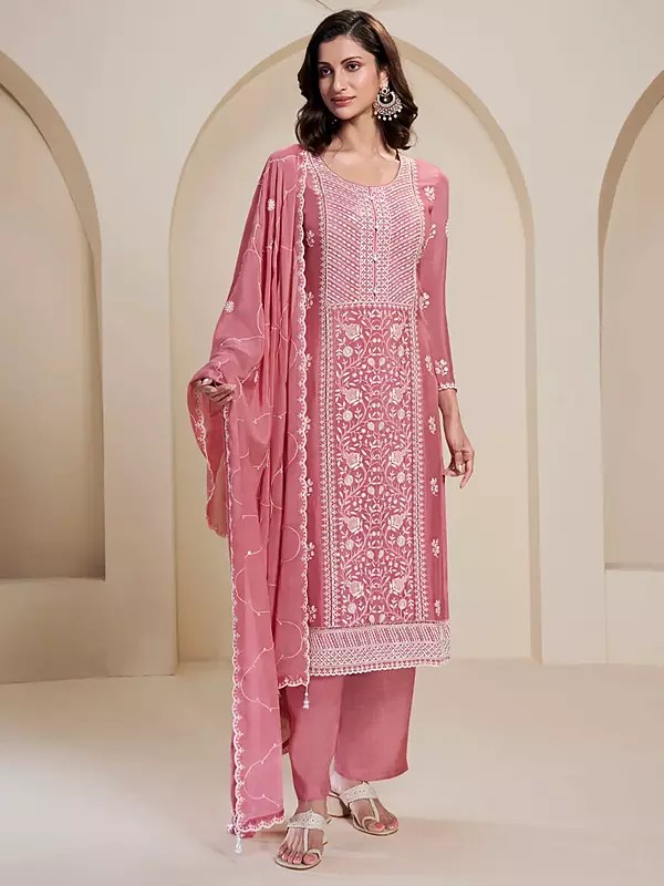 Chinon Chikankari Embroidery Work Stunning Festive Wear Salwar Suit With Dupatta