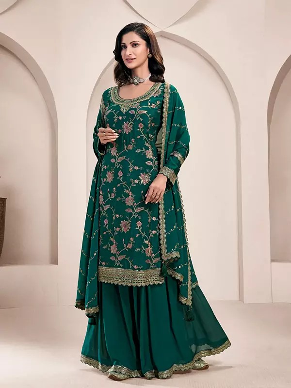 Attractive Heavy Thread Sequins And Embroidery Work Chinon Palazzo Suit With Matching Dupatta