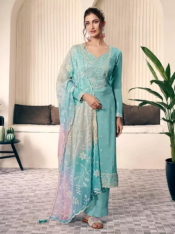 Stunning Silk Thread And Sequins Work Festive Wear Salwar Suit With Floral Dupatta