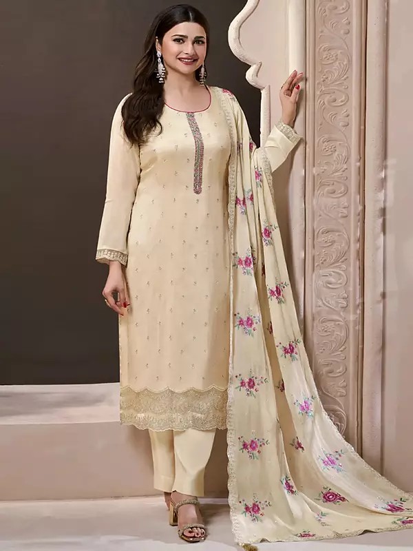 Silk Stunning Sequins And Thread Embroidery Work Salwar Suit With Floral Dupatta