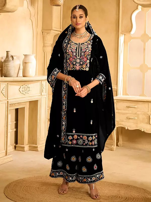 Velvet Elegant Heavy Sequins And Embroidery Work Palazzo Suit With Matching Dupatta