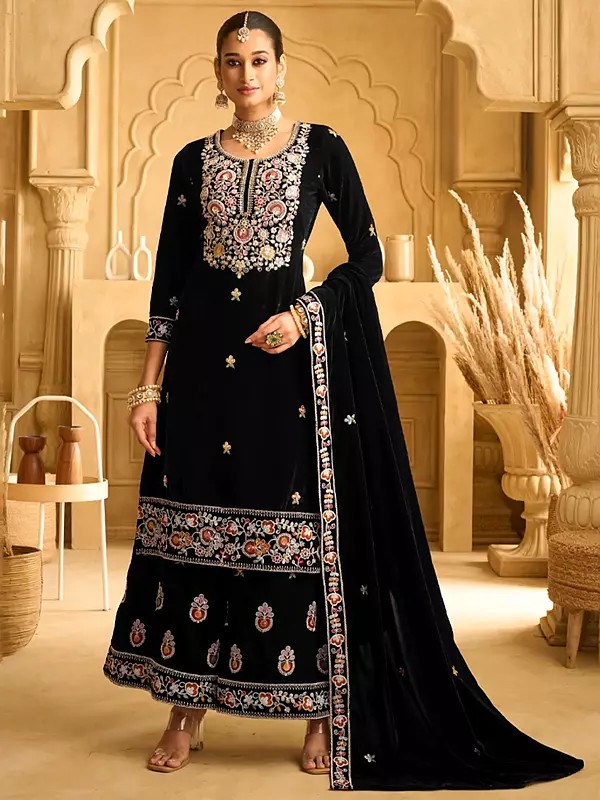 Sequins And Beads Embroidery Work Elegant Velvet Palazzo Suit With Matching Dupatta