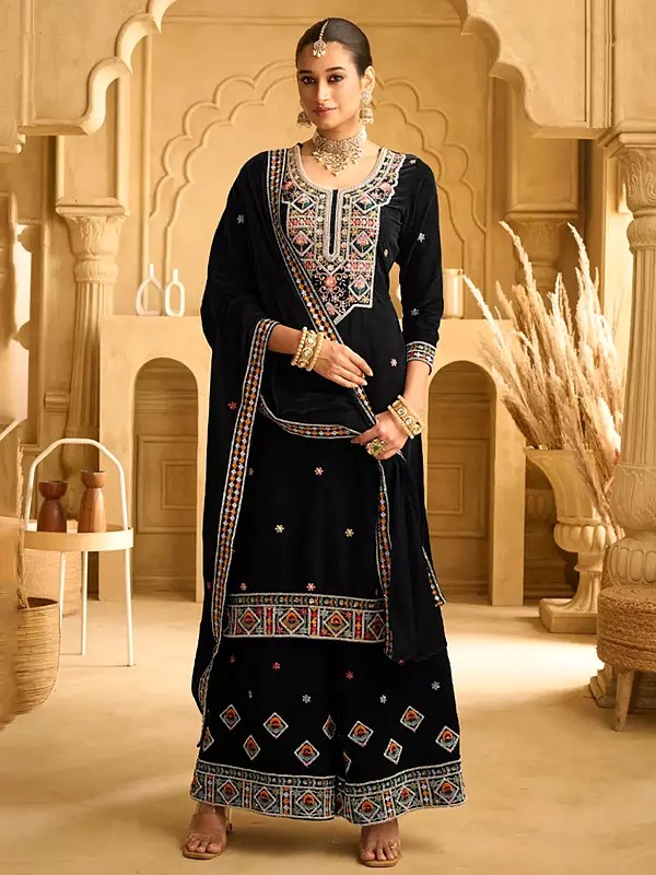 Velvet Bead Embroidery And Sequins Work Attractive Palazzo Suit With Dupatta