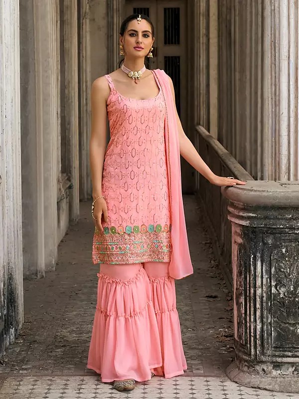 Pale-Rose Georgette Designer Embroidery Work Short Kurti With Sharara And Dupatta