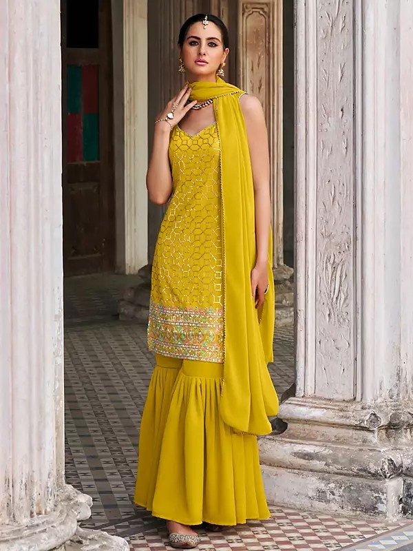 Golden-Brown Designer Georgette Sequins And Embroidery Work Kurti With Sharara And Matching Dupatta