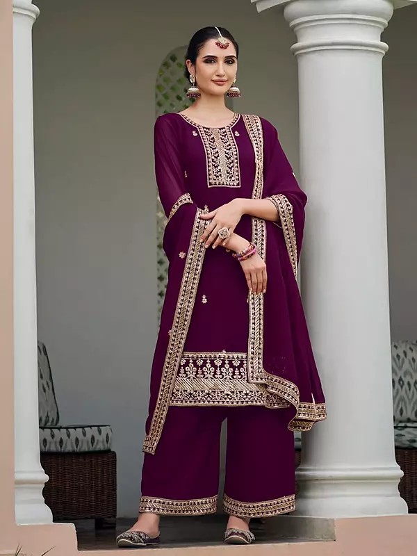 Blackberry Stunning Georgette Thread Embroidery Work Kurta With Palazzo For Casual Occasion