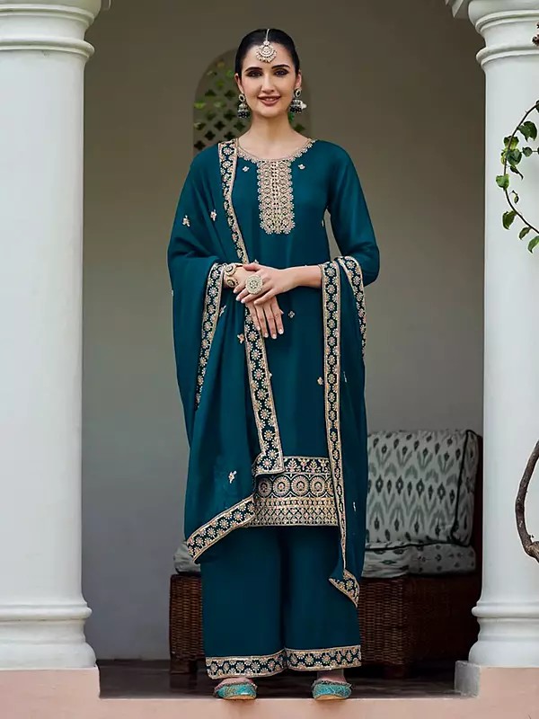 Sherpa-Blue Elegant Georgette Thread Embroidery Work Straight Kurta With Palazzo And Dupatta
