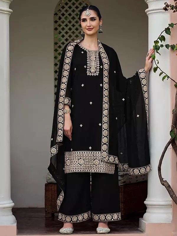 Black Georgette Embroidery Work Attractive Straight Festive Wear Kurta With Palazzo And Matching Dupatta