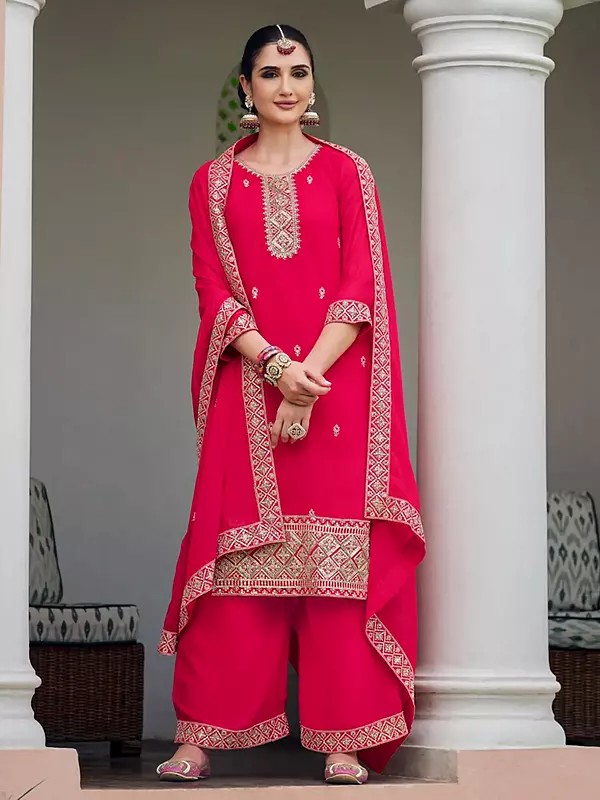 Debian-Red Designer Georgette Embroidery And Sequins Work Straight Kurta With Palazzo And Dupatta
