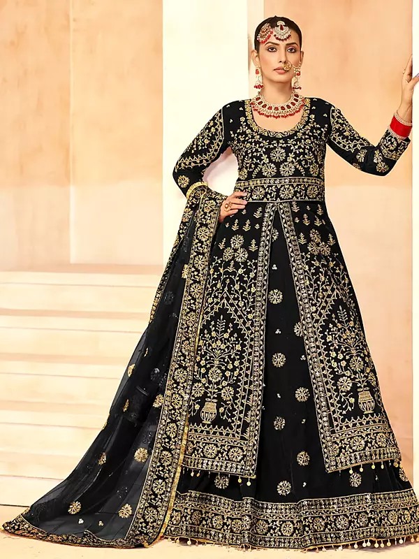 Embellished Embroidery And Sequins Work Stunning Velvet Anarkali Gown With Matching Dupatta