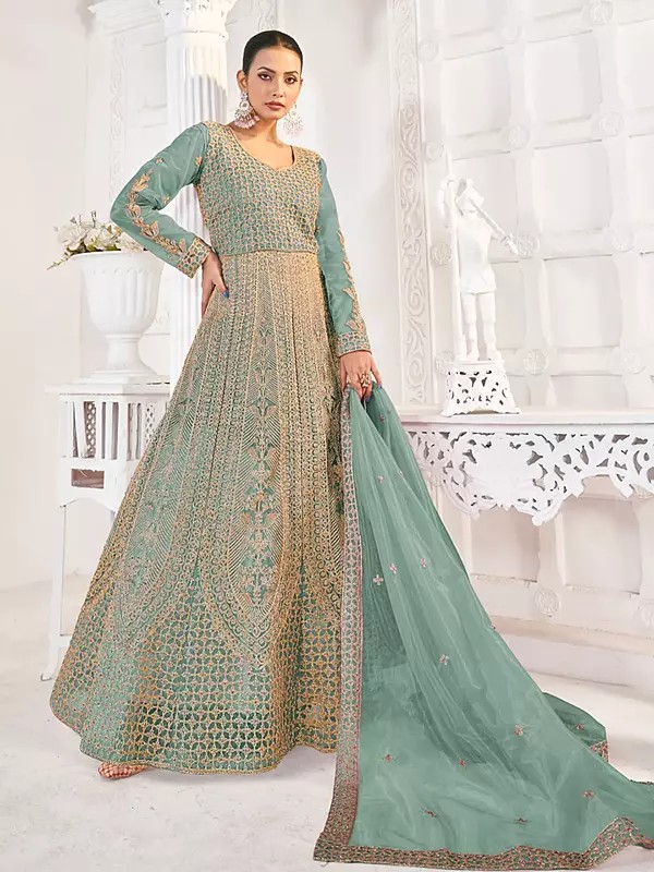 Net All Over Heavy Embroidery Work Elegant Wedding Wear Long Gown With Dupatta