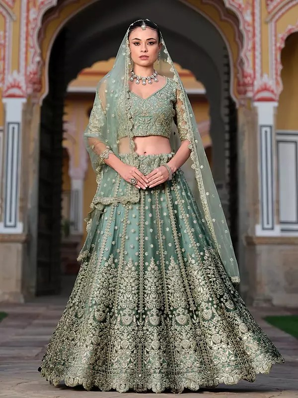 Stunning Floral Embroidery And Sequins Work Net Lehenga Choli With Matching Dupatta