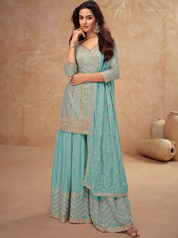 Chinon Thread Embroidery And Sequins Work Festive Wear Palazzo Suit With Matching Dupatta