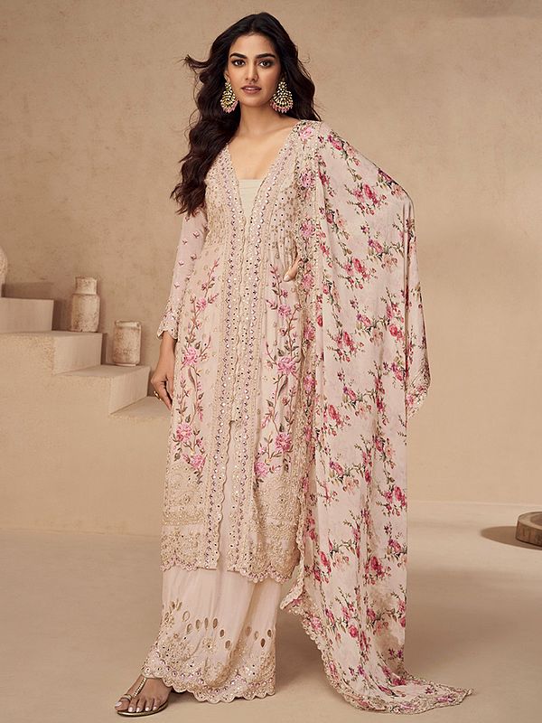 Floral Print And Thread Embroidery Work Chinon Festive Wear Salwar Suit With Dupatta