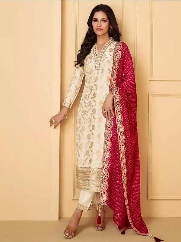 Stunning Viscose Weaving And Embroidery Work V-Neck Festive Wear Kurta With Dupatta