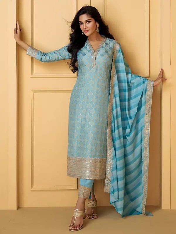 Attractive Viscose Weaving And Embroidery Work Festive Wear Kurta With Dupatta