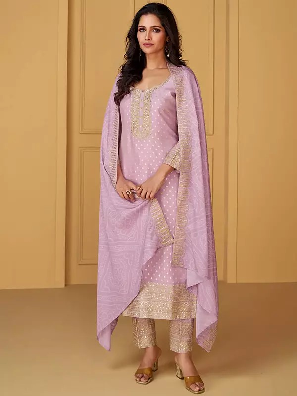 Elegant Viscose Embroidery And Weaving Work Festive Wear Straight Kurta With Bandhani Print Dupatta
