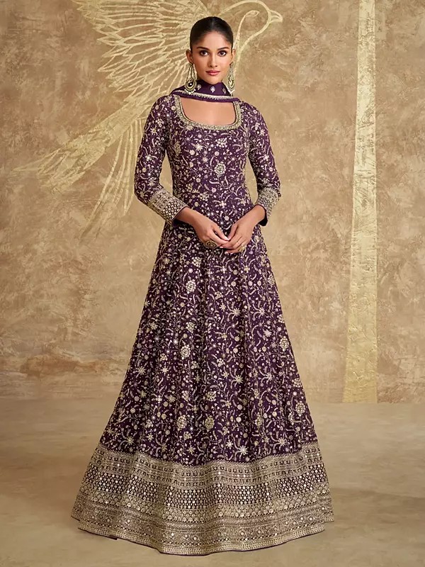Traditional Thread Sequins And Embroidery Work Georgette Anarkali Gown With Matching Dupatta