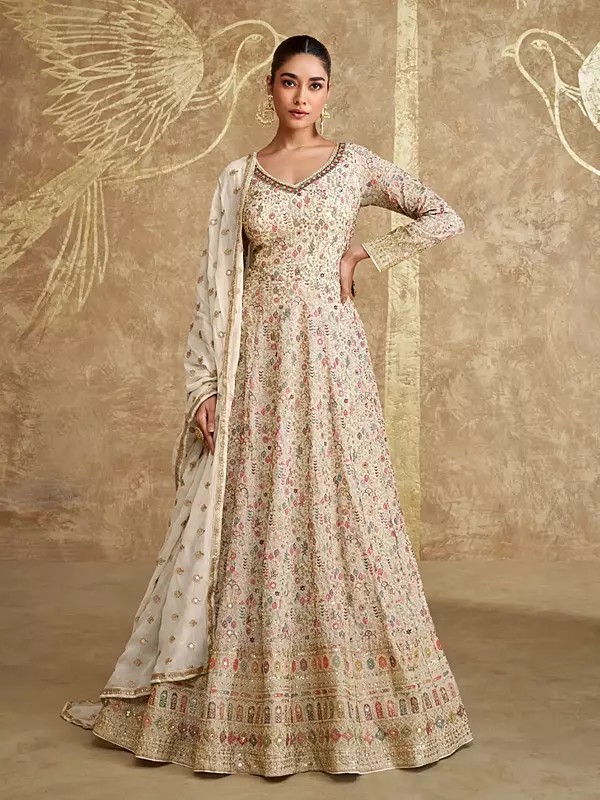 Georgette Attractive Thread Sequins And Embroidery Work Festive Wear Anarkali Gown