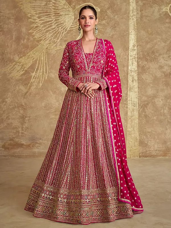 Stunning Embellished Heavy Sequins And Embroidery Work Georgette Anarkali Gown With Matching Dupatta